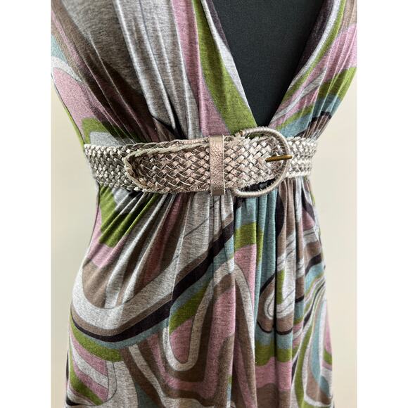 SKY Abstract Print Twist Shoulder Plunging V Neck Women's Belted Tunic Size M - Picture 3 of 7